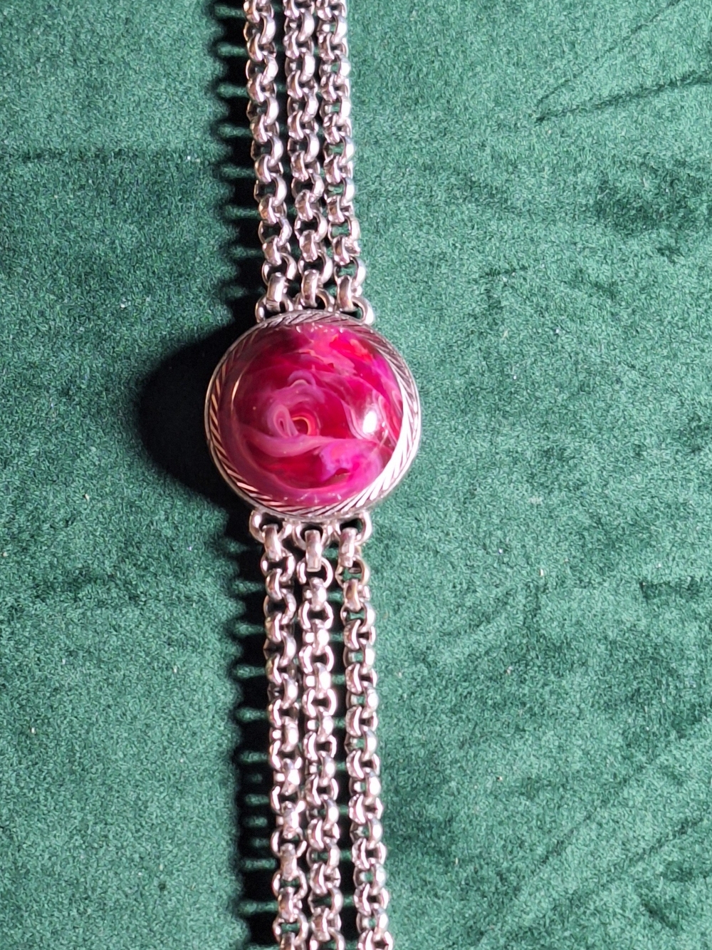 Vintage Speidel Silver-Tone Multi-Strand Bracelet with Pink Swirl Cabochon